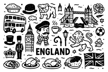 England culture icons with landmarks, traditions, and symbols in sketch style, Transparent Background