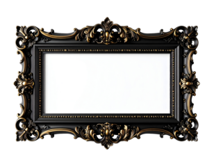 An opulent black and gold ornate picture frame features intricate baroque detailing and luxurious craftsmanship.