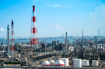 Yokkaichi industrial Japan factory area with blue sky background view Yokkaichi, Mie Prefecture, Japan.
