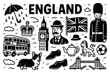 England culture icons with landmarks, traditions, and symbols in sketch style, Transparent Background