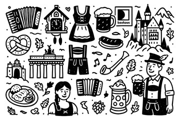German cultural icons with beer, pretzels, castles, and Oktoberfest symbols in vintage engraving style, Transparent Background