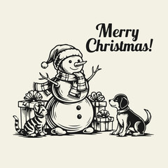 Cute snowman with a pile of Christmas gifts, accompanied by a puppy and kitten. Black and white festive illustration.