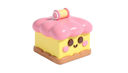 Cute 3D Render of a Kawaii Style Cake Icon with Pink Frosting and Smiling Face on White Background
