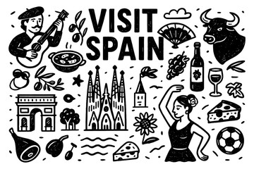 Spanish cultural icons with food, dance, and landmarks in vintage engraving style, Transparent Background
