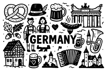 German culture icons with pretzel, beer, lederhosen, bratwurst, Brandenburg Gate, and traditional symbols in vintage hand-drawn style, Transparent Background
