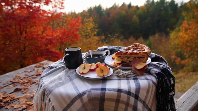 Autumnal Still Life: Apple Pie, Coffee, and Cozy Blanket on a Rustic Porch