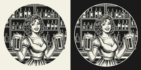 Black and white flat vector illustration of a smiling girl in a dirndl with deep neckline holding two beer mugs. Oktoberfest or International Beer Day themed design.