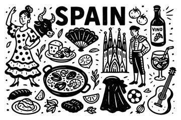 Spanish cultural icons with food, dance, and landmarks in vintage engraving style, Transparent Background