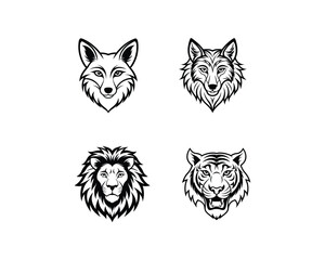 Fototapeta premium Tribal Animal Head Vector Set Tiger, Lion, Wolf, Fox Line Art for Tattoos, Logos, T-Shirt Editable & Print-Ready