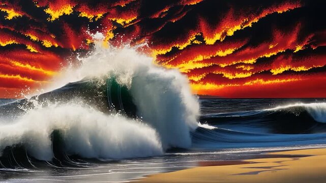 Fiery Sunset Over a Powerful Wave