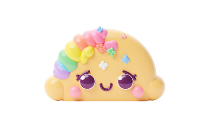 Cute Yellow Kawaii Cloud Cartoon Character 3D Render with Pastel Candy Decorations on Transparent Background