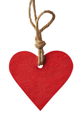 Red textile heart-shaped tag with twine loop, isolated on white background, ideal for gift wrapping, festive decor, crafts, Valentine's Day, weddings and celebrations.