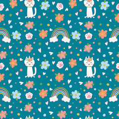Seamless pattern with cat-unicorns, rainbows, flowers, hearts, and clouds. Playful and whimsical design. Perfect for children fabrics, stationery, nursery, wallpaper,  wrapping paper, packaging.