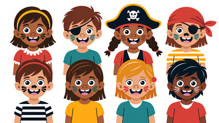 Diverse Group of Pixelated Children Dressed as Pirates Featuring Pirate Hats Eye Patches and Face Decorations with Transparent Background