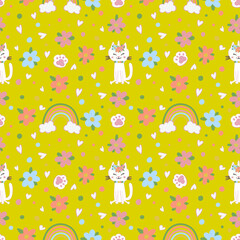 Seamless pattern with cat-unicorns, rainbows, flowers, hearts, and clouds. Playful and whimsical design. Perfect for children fabrics, stationery, nursery, wallpaper,  wrapping paper, packaging.
