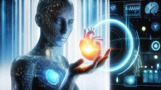 A futuristic humanoid figure holding a glowing red heart surrounded by holographic medical interfaces, symbolizing artificial intelligence in healthcare and advanced diagnostics