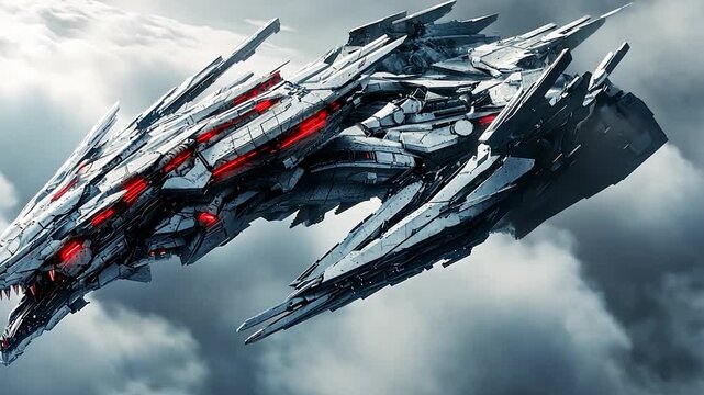 Futuristic dragon-like spaceship soaring through clouds