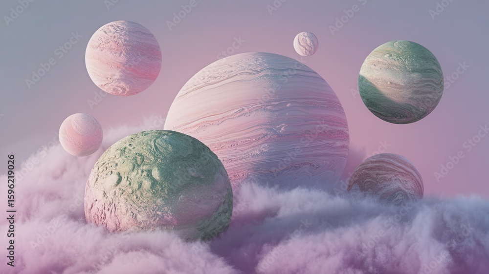 Fototapete abstract planetary system on a cloudy celestial background 3d rendering
