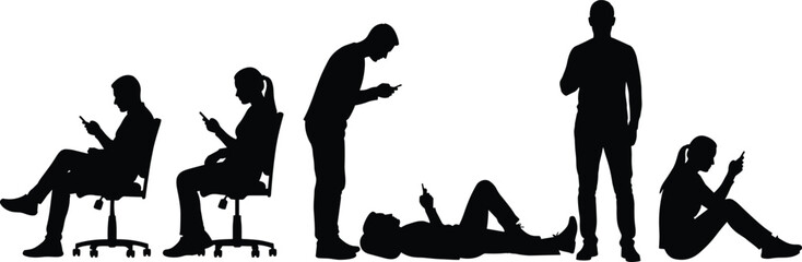 Silhouette of people using smartphones, digital interaction scene, technology addiction concept, modern lifestyle poses, posture variety illustration, mobile behavior