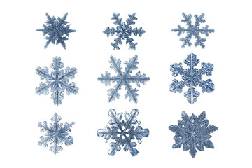 Realistic photo of a set of individual snowflakes isolated on white background.