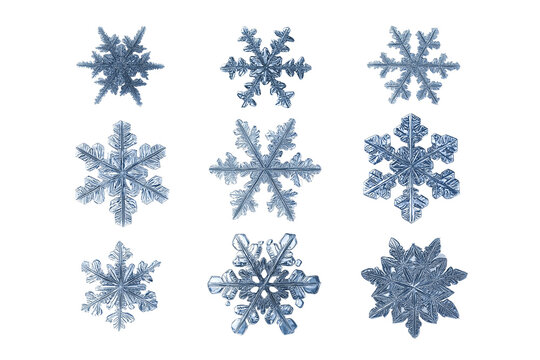 Realistic photo of a set of individual snowflakes isolated on white background.