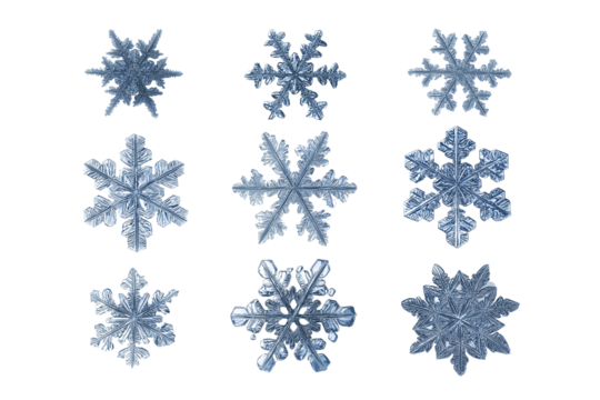 Realistic photo of a set of individual snowflakes isolated on white background.