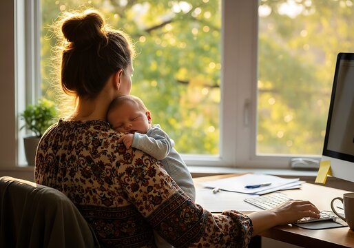 Mother With A Messy Bun Holds Her Sleeping Newborn Baby On Her Shoulder While Working At Her Desk By A Sunlit Window, Work-Life Balance, Working Mom