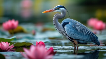 Naklejka premium Great Blue Heron in Water Lily Pond