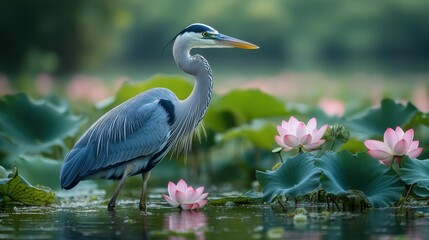 Naklejka premium Great Blue Heron in Water with Lotus Flowers