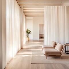 Obraz premium Sunlit Interior Beige Sofas, Sheer Curtains, Modern Design, minimalism , home decor