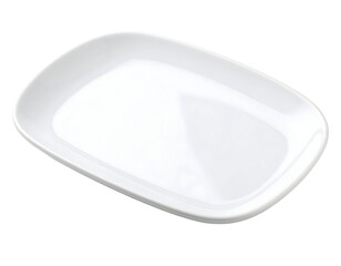 A pristine white ceramic serving platter with gracefully rounded corners offers a clean, modern aesthetic.