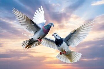 Obraz premium Two doves soaring majestically against a vibrant sunset sky, wings spread in flight symbolizing peace and freedom.