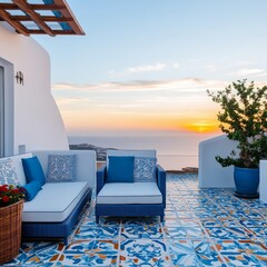 Sunset Serenity Coastal Balcony with Blue Accents and Tile Details, vacation , design