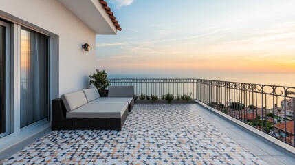 Sunset View from Terrace with Patterned Tile and Wicker Sofa, balcony, ocean view