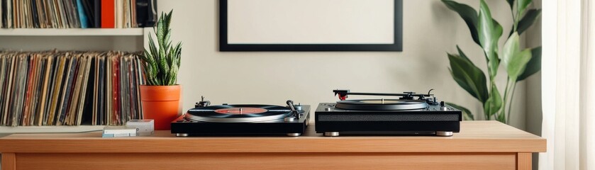 Turntables with Vinyl Records, Plants and White Frame in Minimalist Room, audio, music