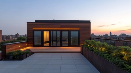 Twilight Rooftop Retreat Modern Wood Cabin with City Views, Landscaping, patio design , outdoor living