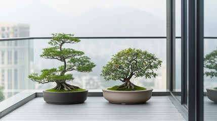 Two Bonsai Trees on Balcony with City View, Japanese Art, Miniature Trees