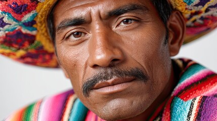 Mexican musician smiling and playing guitar with sombrero and poncho