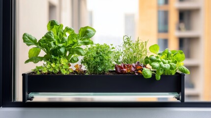 Urban Balcony Garden Fresh Herbs and Greens in Planter Box, Indoor Gardening, Edible Plants