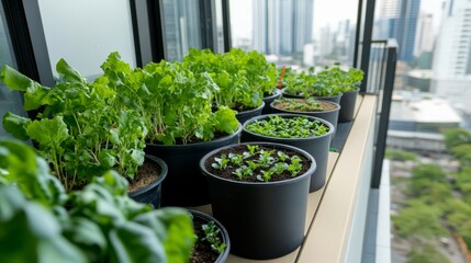 Urban Balcony Garden Potted Greens and Cityscape, home gardening , organic herbs