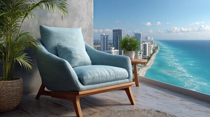 Modern armchair on balcony overlooking sunny miami beach and city skyline