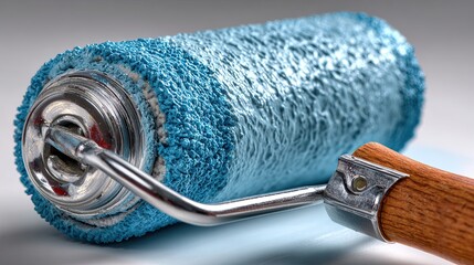 Blue paint roller covered in paint on white background
