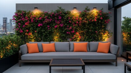 Urban Terrace Oasis Sofa with Bougainvillea Wall and City View, outdoor living, rooftop decor