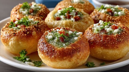 Delicious pani puri displayed on white plate, sprinkled with herbs and spices