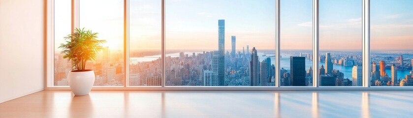 Urban Vista Plant in modern office overlooking city skyline at sunset, Architecture, Interior