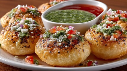 Delicious pani puri displayed on white plate, sprinkled with herbs and spices