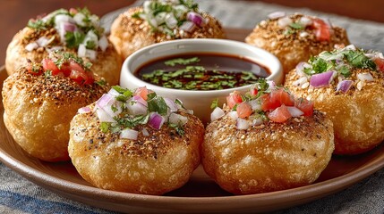 Delicious pani puri displayed on white plate, sprinkled with herbs and spices
