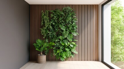 Vertical Garden Wall with Wood Slats, Indoor Plants , Interior