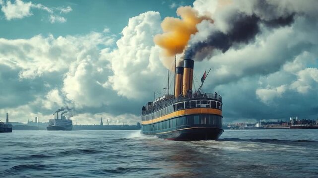 Witness a beautiful steamship in motion. The powerful vessel sails through serene waters. Perfect for showcasing maritime journeys and adventure. Generative AI