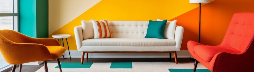 Vibrant Living Room Yellow Wall, Colorful Chairs and Modern Sofa. InteriorDesign, HomeDecor